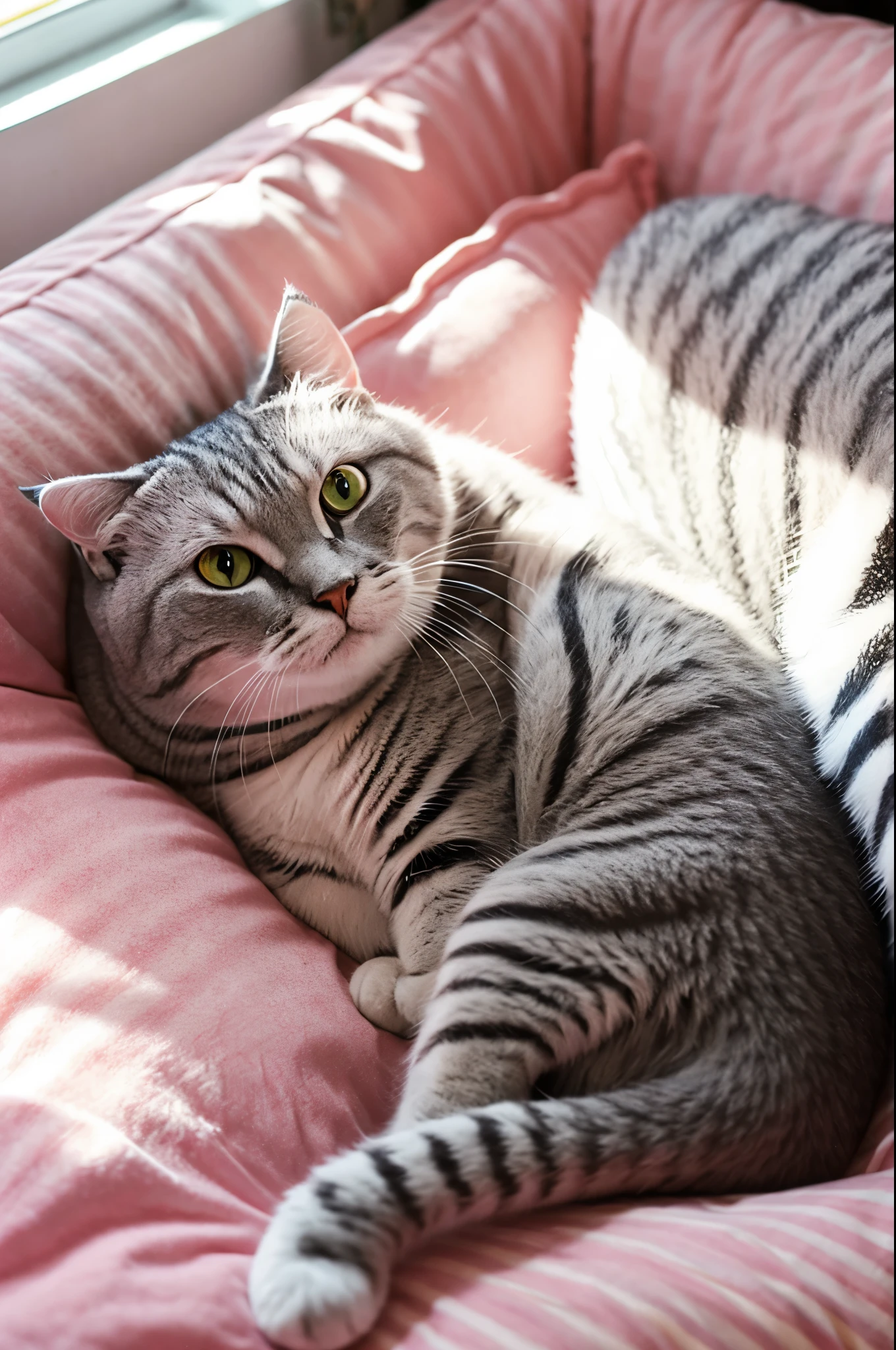 Morning light、gray striped cat、feminised、Beautiful fece、Relax on a pink futon