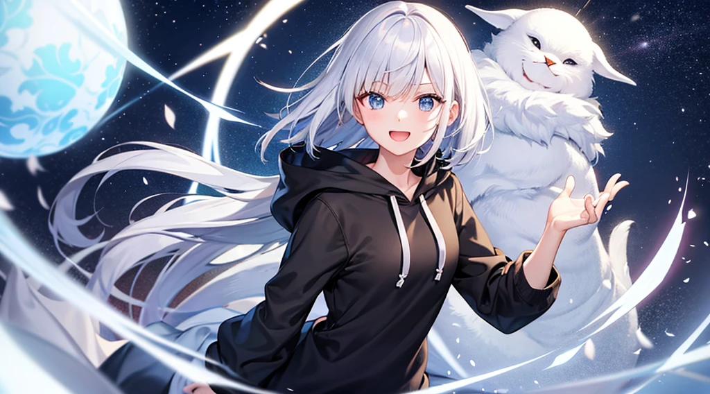 (masutepiece: 1.2, Best Quality), 1 Lady, Solo, silber hair,Shoulder out,Very short hair, long bangs between eyes, blue eyess,Black eyes, Hoodie,White hair, Silver hair, Hoodie, White hoodie、snowscape、A smile、Build a snowman、open open mouth、5 fingers