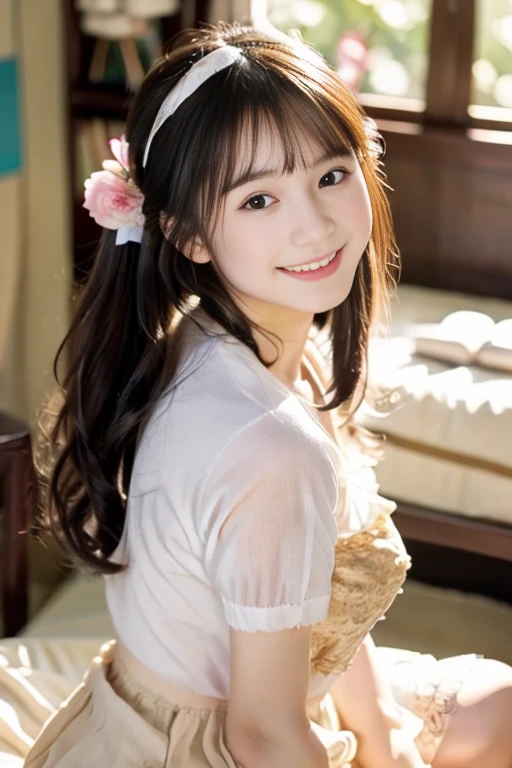 (((masterpiece))), (((Full body photo))), (One beautiful Japan girl, Innocence,kawaii) ,超A high resolution, Realistic, ultra-detailliert, 8K,top-quality, Extremely detailed, Detailed background,A slender,(very beautiful japanese girl, Detailed face:1.3), (short braid,A dark-haired :1.4), (a ,kawaii系,adorable 14 year oPerfect body:1.1),,キュートでkawaii笑顔、Show your beautiful teeth, rosy cheeks、As-、dressing gown、Soft dress、white nightdress、Lying in bed、One leg open、Upper body portrait、Super Detailed Face、Detailed lips、A detailed eye、small gravure idol,Transparent skin、Lolita,Photorealistic:1.37,no-makeup,lighting like a movie,A room in a luxury hotel、You can see the beautiful night view from the window.................