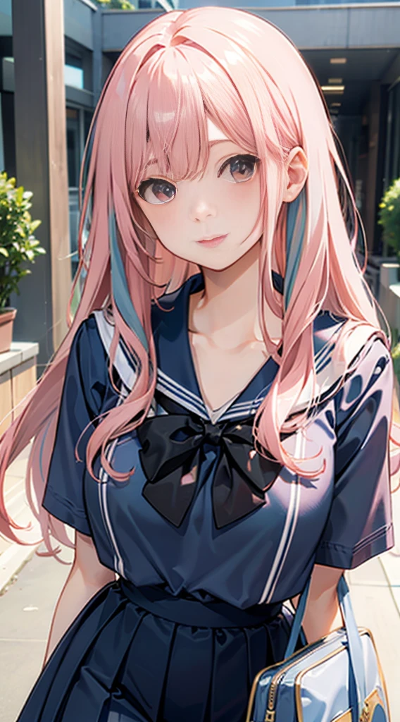 a beauty girl，Pink hair，long，fluffy hair，Large, Round eyes，Manga style，fulcolor，slightly larger breasts，hi-school girl，Mature atmosphere、Navy blue sailor suit