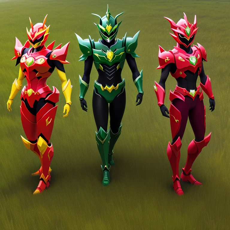 Dragon motif、Super Sentai、transformation suit、reddish、green grass、amarelo、verdant、A black、blanche