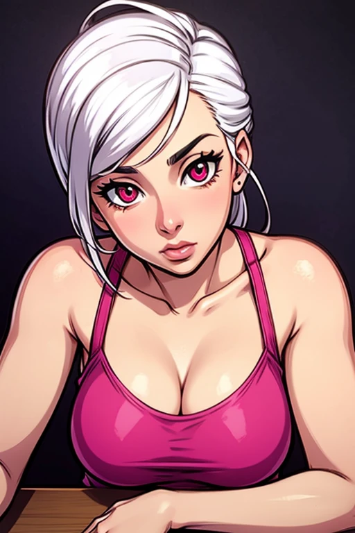 Be a girl with a pink complexion, Beautiful eyes (Red Eyes) And as deep as the night sky, Half sad face lying on the table, White hair, looking at you, With anime/Semi-realistic art style