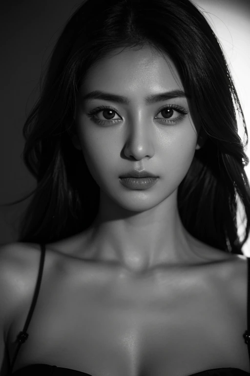 8k, highest quality, ultra details, portrait, Meera, Asian European, dramatic lighting, intense gaze, black and white, high contrast