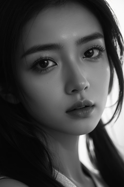 8k, highest quality, ultra details, portrait, Meera, Asian European, dramatic lighting, intense gaze, black and white, high contrast