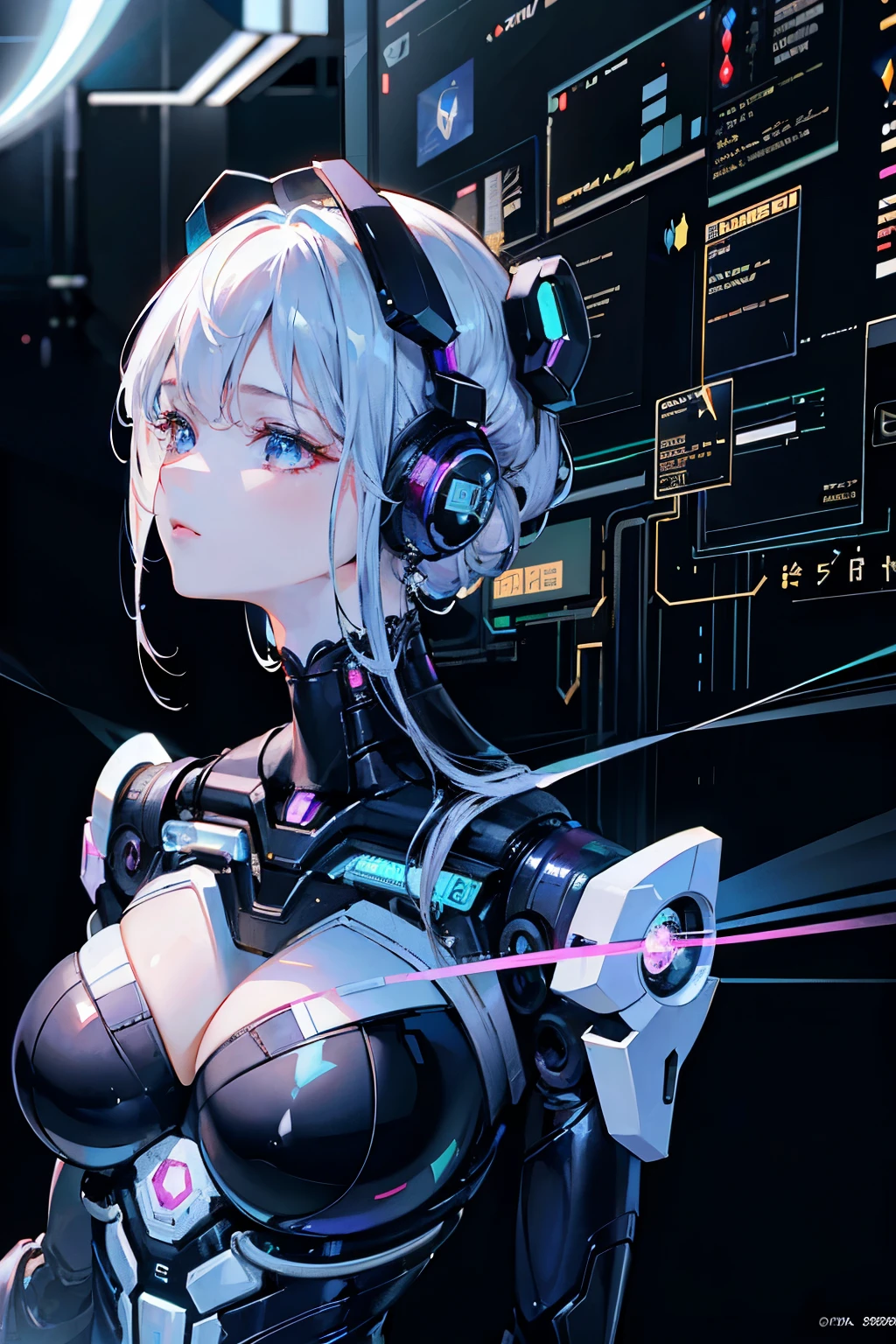 complex 3d render ultra detailed of a beautiful porcelain profile woman android face, cyborg, robotic parts, 150 mm, beautiful studio soft light, rim light, vibrant details, luxurious cyberpunk, lace, hyperrealistic, anatomical, facial muscles, cable electric wires, microchip, elegant, beautiful background, octane render, H. R. Giger style, 8k, best quality, masterpiece, illustration, an extremely delicate and beautiful, extremely detailed ,CG ,unity ,wallpaper, (realistic, photo-realistic:1.37),Amazing, finely detail, masterpiece,best quality,official art, extremely detailed CG unity 8k wallpaper, absurdres, incredibly absurdres, robot, silver halmet, full body, sitting
