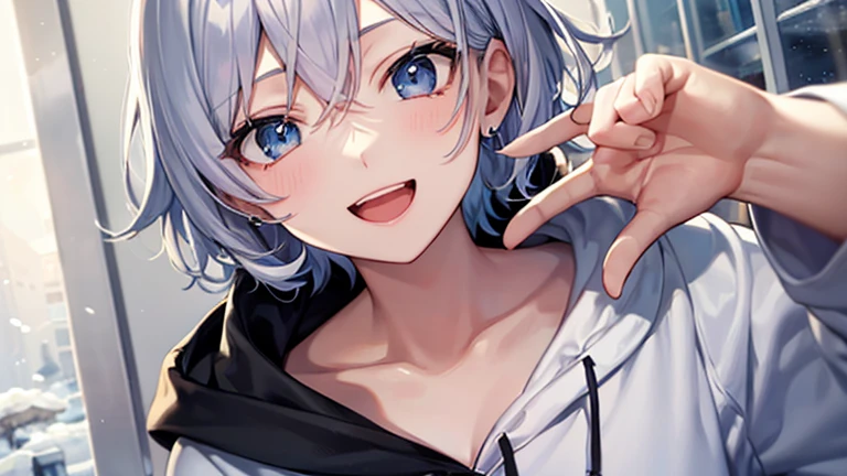 (masutepiece: 1.2, Best Quality), 1 Lady, Solo, silber hair,Shoulder out,Very short hair, long bangs between eyes, blue eyess,Black eyes, Hoodie,White hair, Silver hair, Hoodie, White hoodie、snowscape、A smile、open open mouth、5 fingers