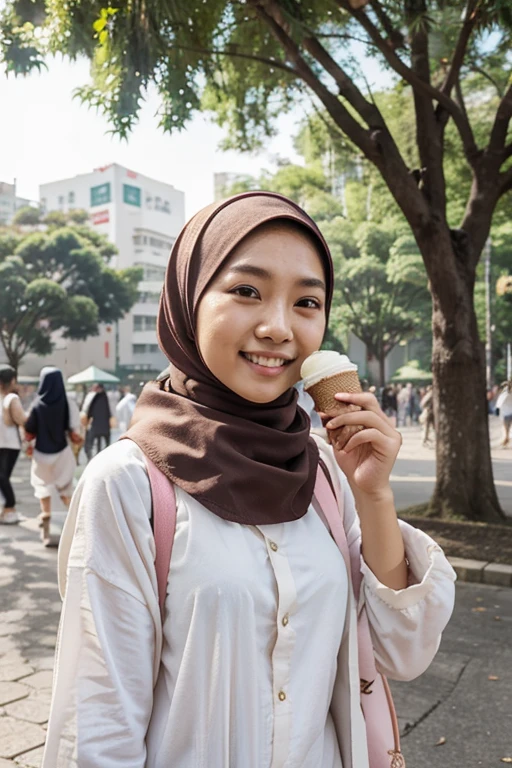malay young girl japanese looks with hijab, loose clothes, smile, eating ice cream, at the park, crowded people, sunny day, in the morning,