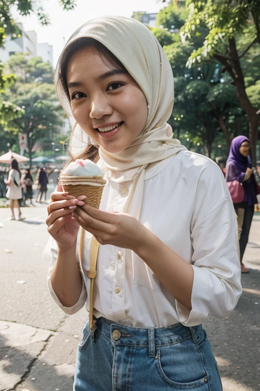 malay young girl japanese looks with hijab, loose clothes, smile, eating ice cream, at the park, crowded people, sunny day, in the morning,