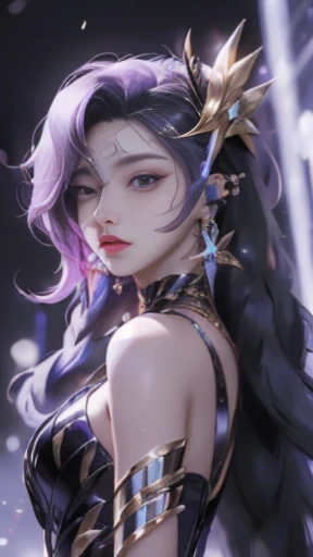best quality, 1girl, kda, solo, long hair, black dress, looking at viewer, upper body
