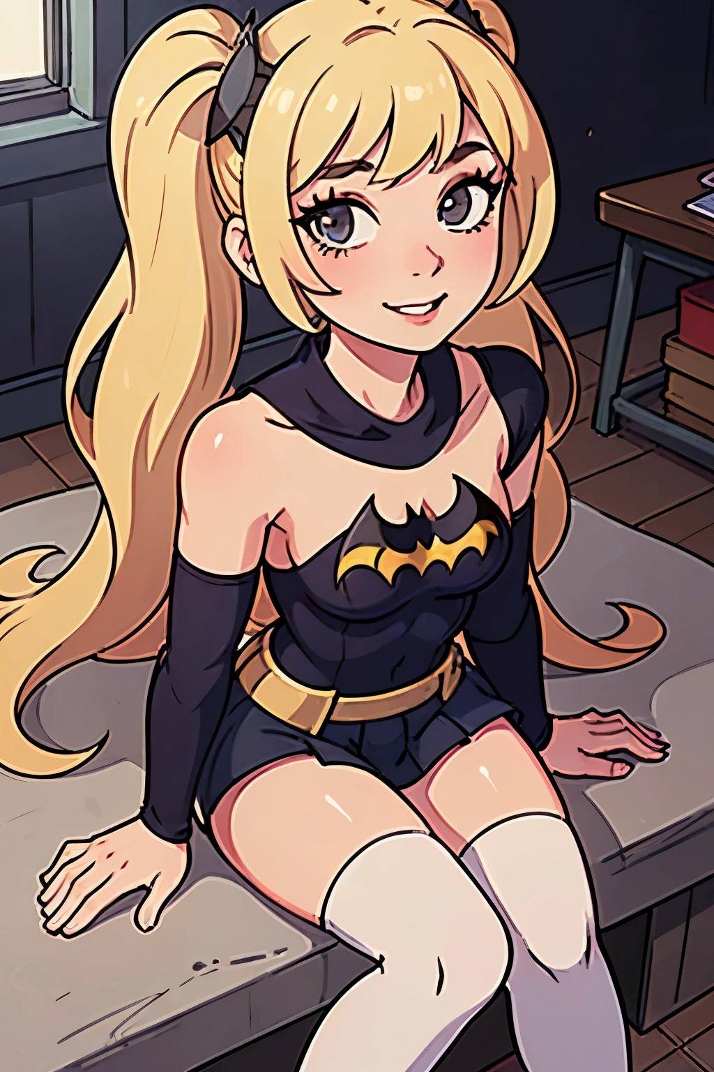 Ultra realistic 8K CG, (picture-perfect face, one pretty face in 1000, perfect, (blonde), (batgirl), clean, masterpiece, portrait lighting, professional artwork, famous artwork, cinematic bloom, girl one, bangs, small, eyelashes, natural makeup, hair ornament, indoor, lips, long hair twin tails, staring viewer, panty shot, Pleated skirt, School uniform, Serafuck, Sitting, Skirt, Solo, Thigh Socks, Undergarment, (white legwear, slim thin legs), (white panties), Smile, Solo