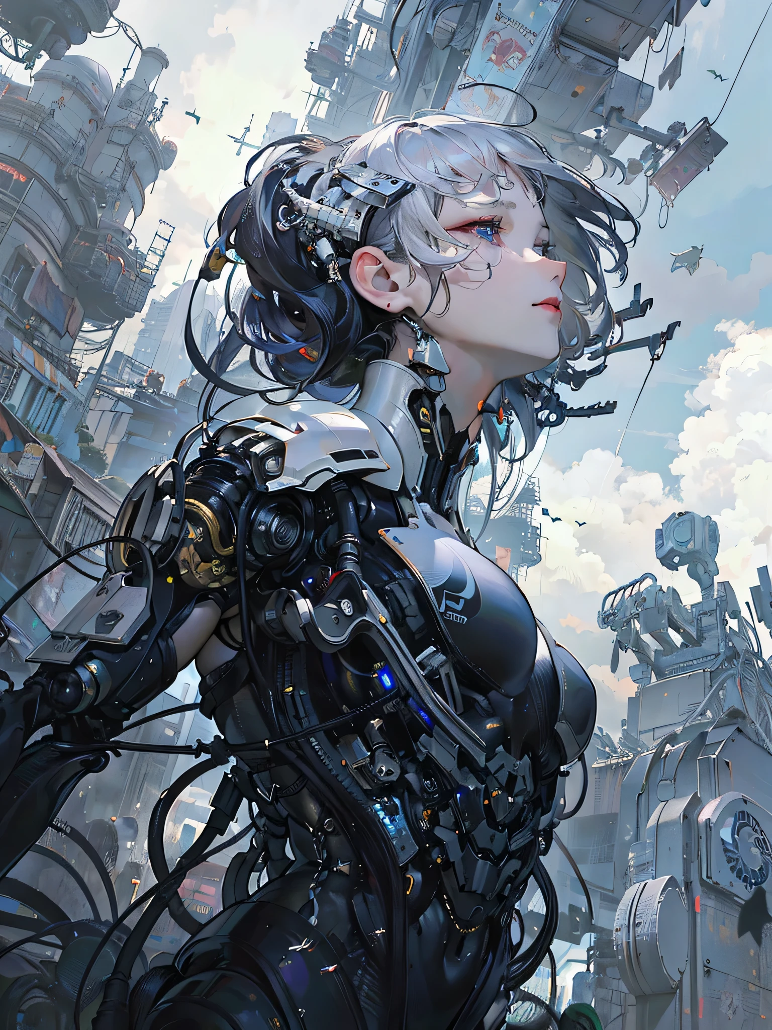 (((masterpiece))), (((best quality))), ((ultra-detailed)), (highly detailed CG illustration), ((an extremely delicate and beautiful)),cinematic light,((1mechanical girl)),solo,full body,(machine made joints:1.2),((machanical limblood vessels connected to tubeechanical vertebra attaching to back),((mechanical cervial attaching to neck)),(sitting),expressionless,(wires and cables attaching to neck:1.2),(wires and cables on head:1.2)(character focus),science fiction,extreme detailed,colorful,highest detailed, highly detailed, vibrant appearance, creative behavior, extremly detailed, imaginative, sensual, spontaneous, highest quality, skin texture, intricate details, (cinematic lighting), RAW photo, 8k, masterpiece,best quality,ultra-detailed,very detailed illustrations,extremely detailed,intricate details,highres,super complex details,extremely detailed 8k cg wallpaper,