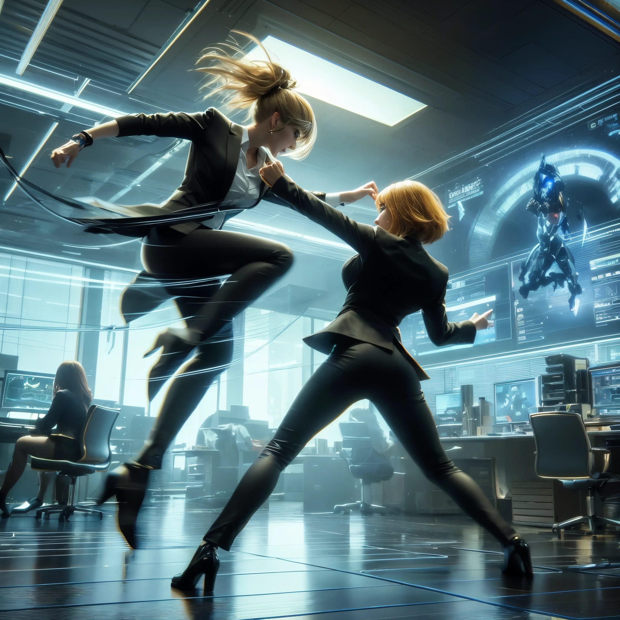 anime scene of two women in a business setting with a man in a suit, cinematic cgsociety, cinematic mid shot fight, beautiful 3 d concept art, cinematic action scene, dramatic cinematic action shot, cinematic action shot, cgsociety 9, trending in cgsociety, depicted as a scifi scene, cinematic 3d render, cg art, future science fiction. game cg