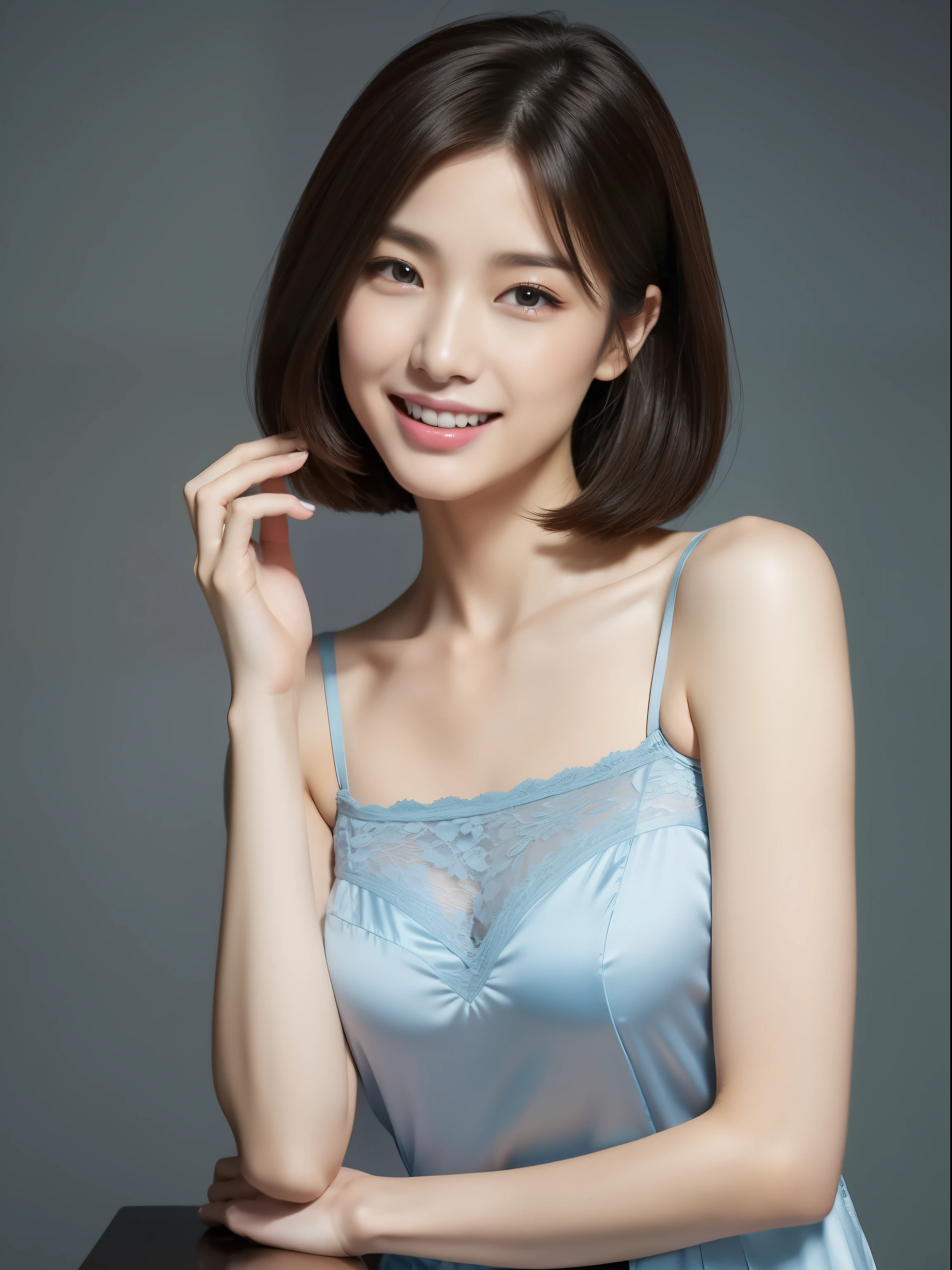 Beautiful 26 year old woman。She wears a tight camisole in light blue-gray satin fabric。Black lace at chest and hem..。kindly smile。Her dark brown hair is、Her hair is straight short bob hair。hight resolution、​masterpiece、top-quality、headw:1.4、((Hasselblad photo))、Fine skin、fine knit、(电影灯光)、鎖骨