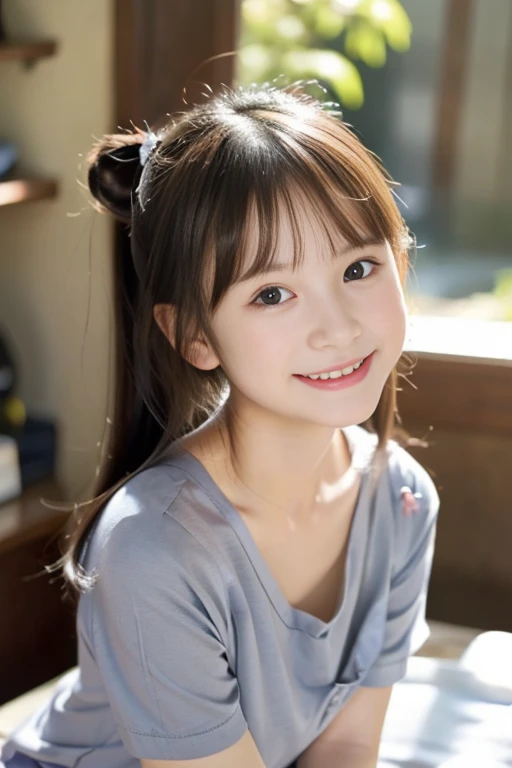 (((masterpiece))), (((Full body photo,is standing)),(One beautiful Japan girl, Innocence,kawaii) ,超A high resolution, Realistic, ultra-detailliert, 8K,top-quality, Extremely detailed, blurry backround,A slender,small tits,very beautiful japanese girl, Detailed face:1.3), (I tie my hair into a bun,A dark-haired :1.4), (a ,kawaii系,adorable 10 year oPerfect body:1.1), (Gray V-Neck T-Shirt,Black spats), Grinning smile,Remembering and laughing,A detailed face、Detailed lips、Detailed Big Eyes、small gravure idol,Transparent skin、Lolita,Shy pose,there is a small bed,There are also anime posters,Textbooks are lined up on the bookshelf