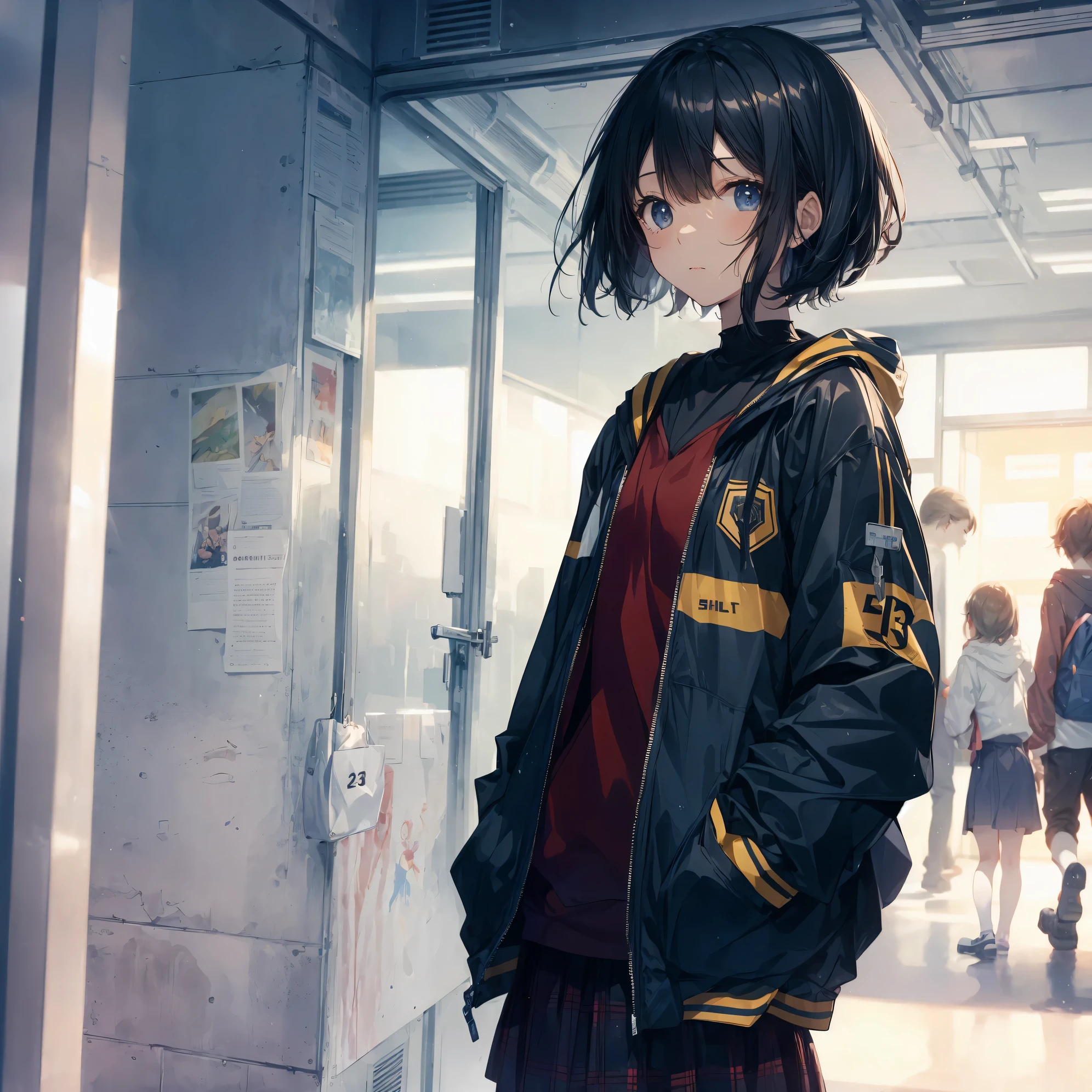 Super high quality by the art god, Ultra-detailed, High resolution, Shinkai Makoto style, anime moe art style, best anime 8K konachan wallpaper, Pixiv Contest Winner, Perfect ???????, BREAK,(Please draw a sleepy girl going to school alone.. ),BREAK, a hyperrealistic schoolgirl, (Solo,Lori,child,13years:1.3),Full limbs, complete fingers,a junior high school student, Androgynous attraction, (extra very short hair), hair messy, flat and soft chest, Small butt, groin, Small eyes,Beautiful detailed black eyes, Well-proportioned iris and pupils, disgusted eye, High resolution detailed hair, School uniform, Skirt,  On the way to school. BREAK,Ultra-detailed細なスキン, Best lighting by famous artists, 8K, Illustration,