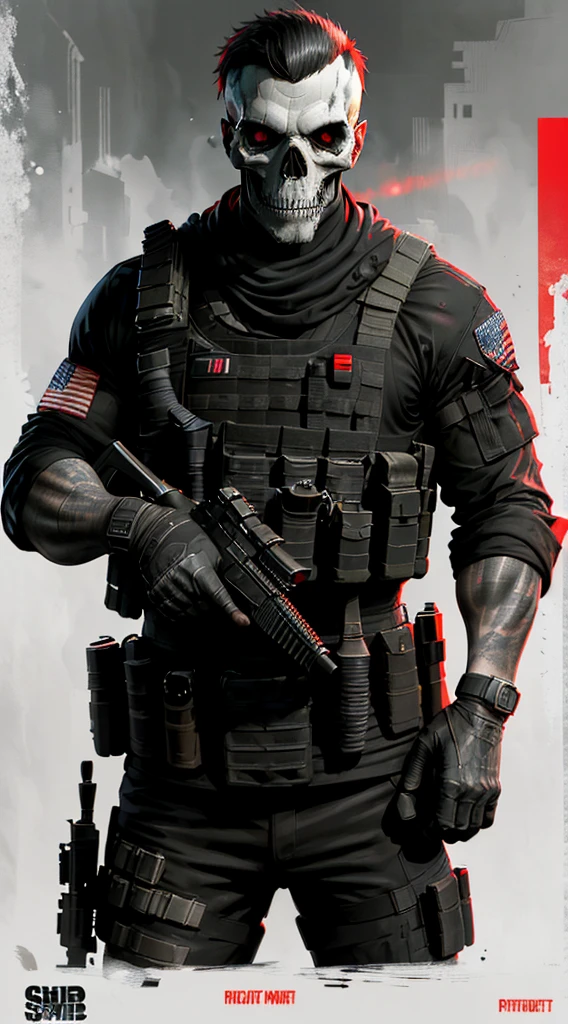 a man in a black uniform holding a rifle and a red light, airsoft cqb, rb6s), special forces, fps shooter game, rb6s, rb 6 s, monochrome and red color bleed, fps game, military photography, hq 4k phone wallpaper, french special ops, game promotional poster, warzone background, helghast, airsoft close quarter combat, gh0st, skull mask