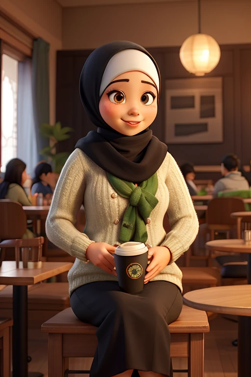 Malay female, stunningly beautiful, 41 years old, chubby, wearing full covered hijab, green loose sweater, black long skirt, sitting and relaxing, enjoying coffee in a classy cafe