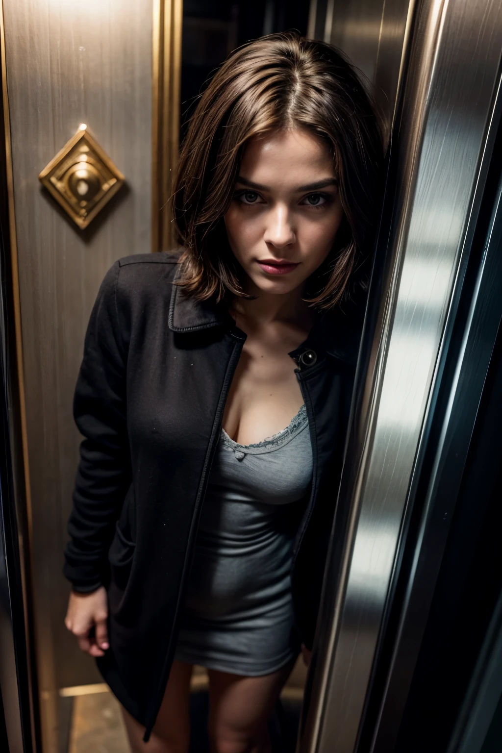 cctv footage, from above:0.7, inside a extremely small luxury elevator, 1 woman,(antique elevator is filled with mystery), she's a 5' 2 model, short brunette bob hair, ((she's wearing a black trench coat:1.3) full-length belted black leather trench coat:0.2) , she has black mary jane shoes, she leans into the corner of incredible elevator, looking at camera, (smokey eye makeup:0.8), flirting, interior , we see elevator panel lit up, floor buttons, door shut, realistic photo, (48% of photo is black in drawing:1.4), (everything looks luxurious and elegant:0.9), (woman perfectly styled:1.4) , she is playing with camera, (top panel elevator light:1.1),(relaxed intimate photoshoot), beautiful face, slight smile, small white handbag over shoulder, intense presence, (perfect posture:0.3), cozy relaxed, catching us, beautiful hands, kind eyes, gorgeous soft warm lighting:1.4,, incredible details, ((high contrast)), (deep, darkest shadows), (shadow details:1.0), ((taken using elevator cctv Leica camera, aperture: f/11)) , hyper-realistic skin, pores, scar, mole, healthy skin, her arms relaxed, relaxed moment, she's in dark with one elevator light, elevator panel buttons glow softly, (romantic light:1.2), radiant skin, perfectly framed face, perfect relaxed hands, perfect fingers, (perfect portrait, incredible eyes:1.1), a work of art, beautiful composition, golden ratio, inspiring, (highest quality fabric texture), every detail,Fine facial features – (Highest Quality) ,security camera footage, High quality ○○ detailed – ○○ details ultra detailed(Ultra-fine ), Photorealistic, Extremely detailed(Extremely detailed) , (highest detail image, realistic)○○ res – ○○ resolution ultra high res