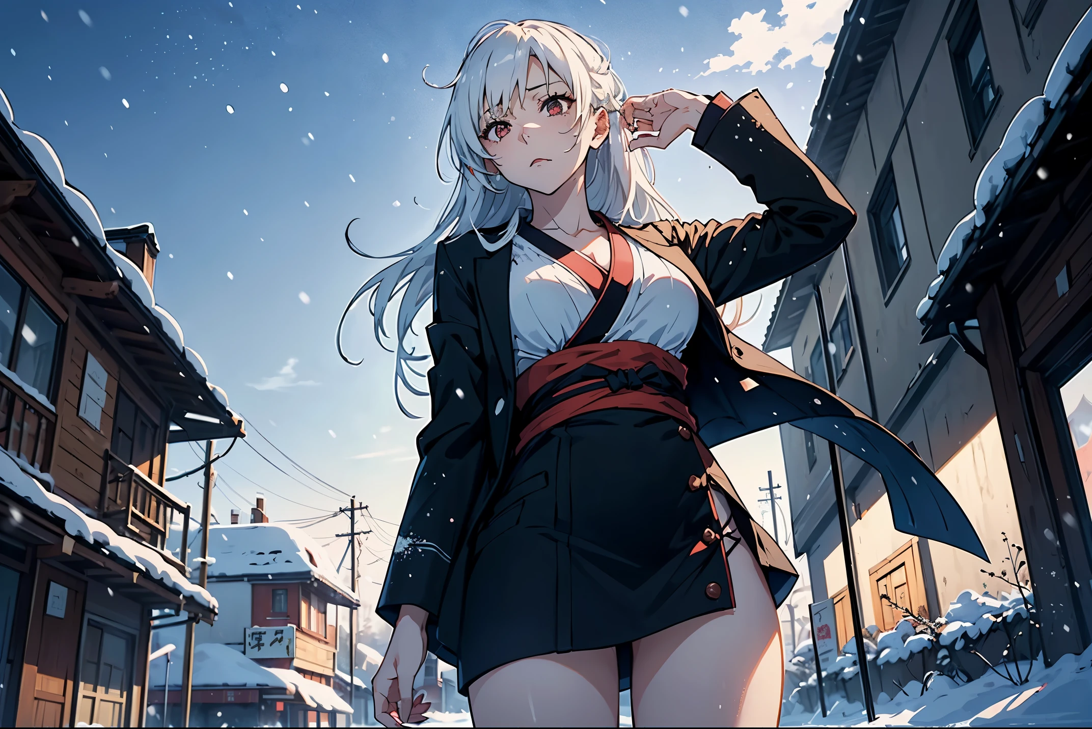 (masutepiece, Best Quality:1.2),
(1girl in:1.5),
Thigh,Very long hair,pale skin,
black red kimono,Bare shoulders,, Wearing a blazer, at winter, in a sad town, tome'It's snowing so I look up at the sky