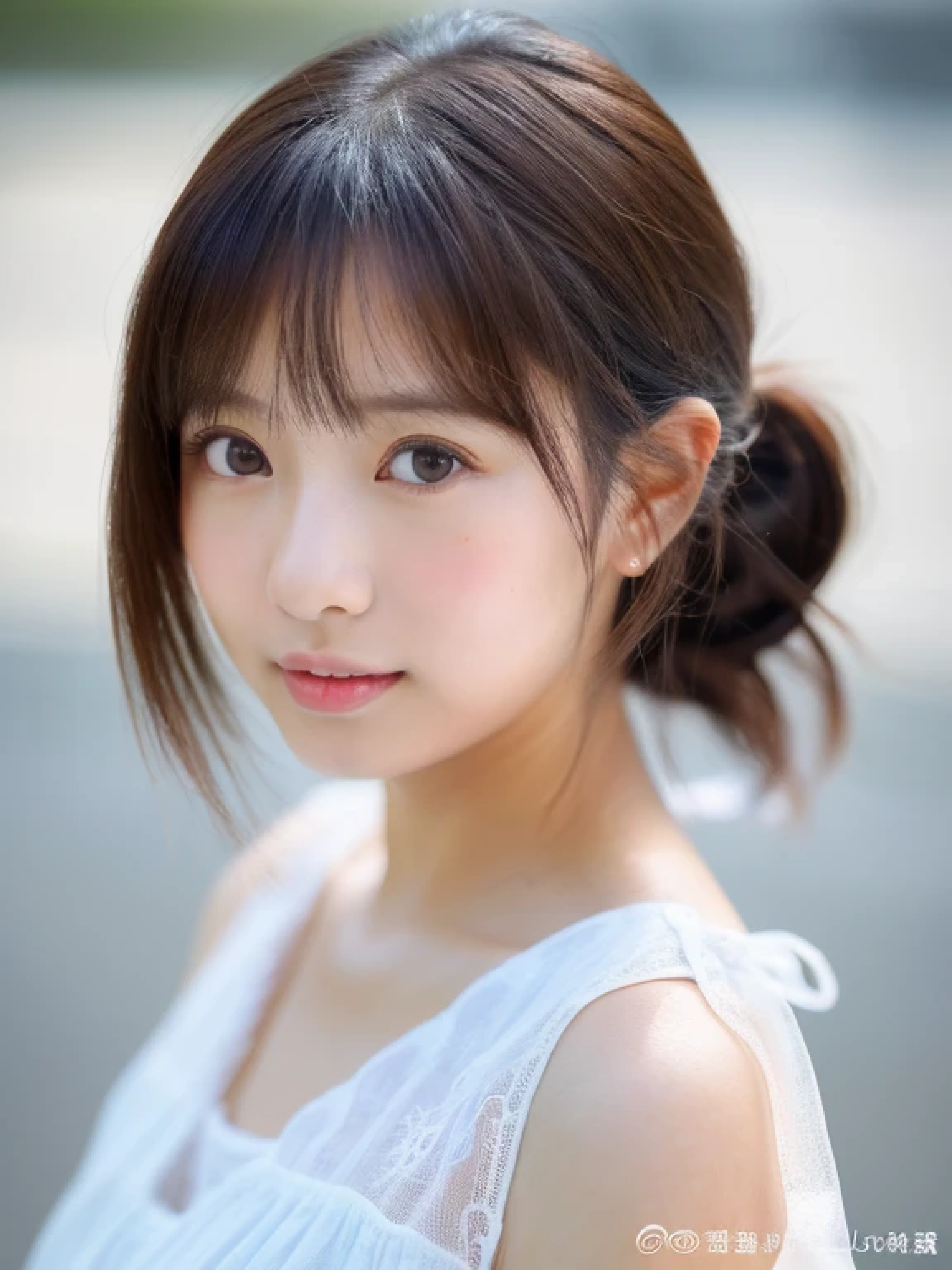 ((cute little日本の女の子、Beautiful japanese girl、1 girl in、Unclear、age19、poneyTail、Highly detailed facial and skin texture、refinement、hyperdetailed face、ultradetailed eyes、blusher、blush、teak、ピンクのteakを塗った頬、close-up of woman、bustup、frontageを向いている顔、frontageを向いている体、Looking at the camera、frontage、cute little、smooth white skin、Transparent skin texture、))、(dark brown  hair、bangss)、Beautiful Women in Perfect Style：1.4、Japanese Models、Young gravure idols、若いcute littleグラビアアイドル、Realistic Young Gravure Idol、refinementされたグラビアアイドル、((top-quality、in 8K、​masterpiece:1.3、１Photo))、(4K、RAW Photography、top-quality)、(reallistic、フォトreallistic:1.37)、Place a person on the other side of the screen、natural soft light、upper body and head、