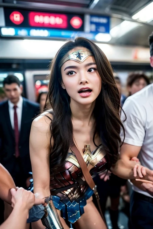 (masterpiece、top-quality)、girl wearing wonder woman costume、A girl blushing with a disgusted face、A man grabs my chest from behind、The place is a crowded train、Inside a crowded train、A girl surrounded by men touched me、複数のGirl being touched by a man、Girl being kissed by a guy、Girl being touched by a man、Girl being touched by a man、Girl touched by a man、Girl being touched in the crotch by a man、A girl tries to be stripped of her clothes by a man、tense look、Man leaning back、Girl attacked by a guy、A girl whose face is licked by a man、girl whose hair is grabbed by a man