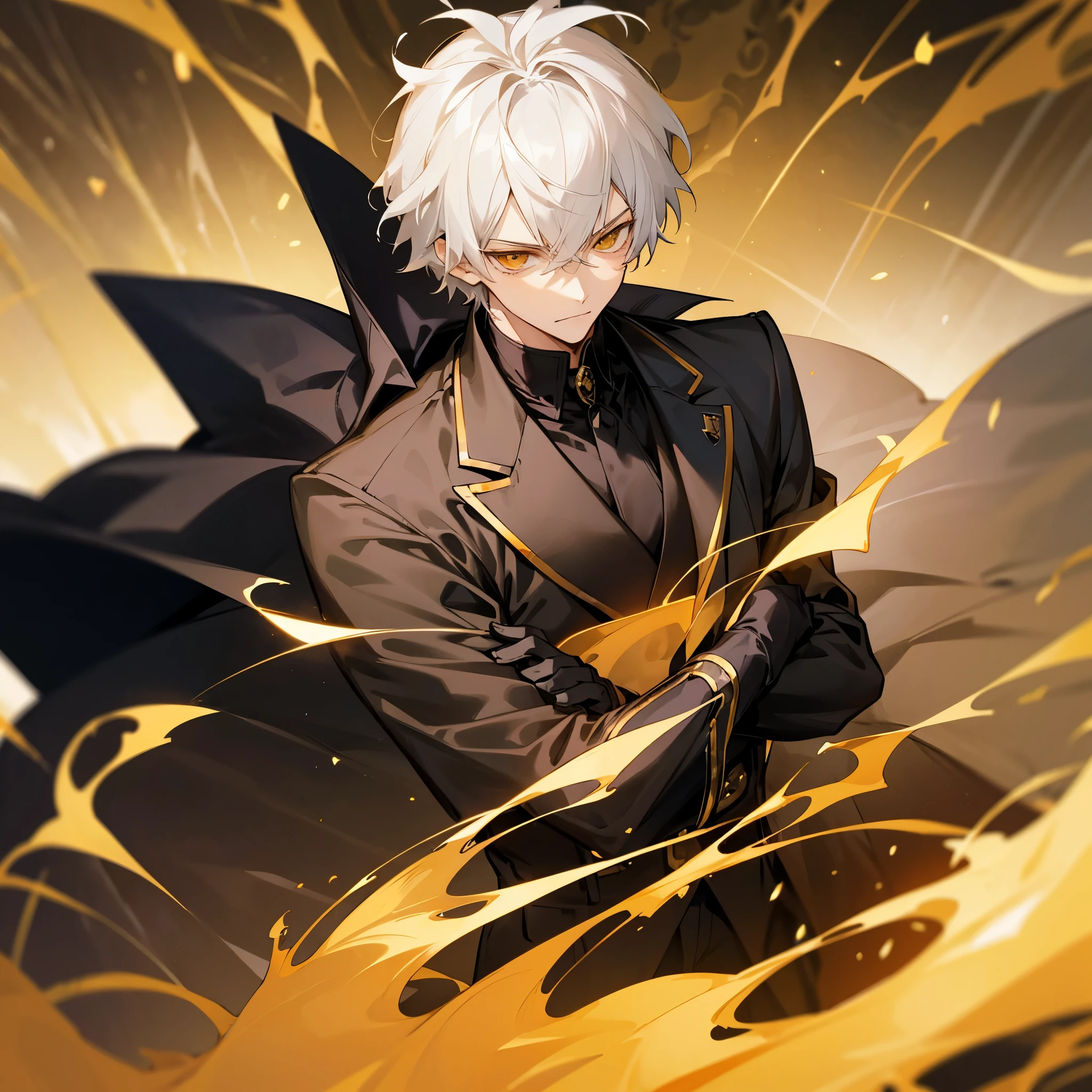Anime male, ager, handsome, fair-skinned, resolute eyes, white hair, short hair, deep golden eyes, powerful, black suit with black gloves, golden clothes, royal style, flame, crossed arms