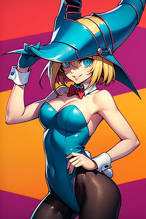 dark magician girl, pantyhose, strapless leotard, bunny ears headband, bowtie, wrist cuffs, bunny tail, beautiful face, blonde hair, smiling, highly detailed, HD