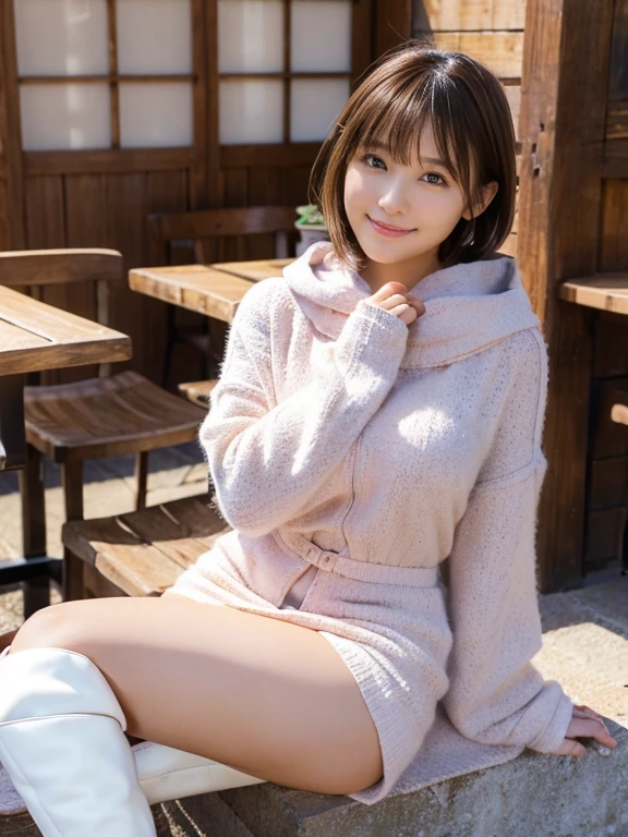 (Photorealistic), (ultra high realistic), (The ultra -The high-definition目), (ultra high detailed), (Increase contrast), (Increase saturation), ( super beautiful girl), (light skinned)A pretty woman with perfect figure, Bright smile,, (Lifelike face), a short bob、Hair hanging over the ears, Realistic eyes, natural make up、beautiful detail, (real looking skin), Beautiful skins, enticing, The ultra -The high-definition, A hyper-realistic, Realistic, Very detailed,, bangss), ((outer、with brown hood、short coat、Opening the front))(Inner、Tight pink knit miniskirt dress、You can see the valley)(((shoe、White knee high boots)))japanese cute idol, 胸のYou can see the valley) Brown hair,((Stylish café))Inviting Pose、Beautiful valley、beutiful breast、thin-waist、big butts、Knee-deep angle