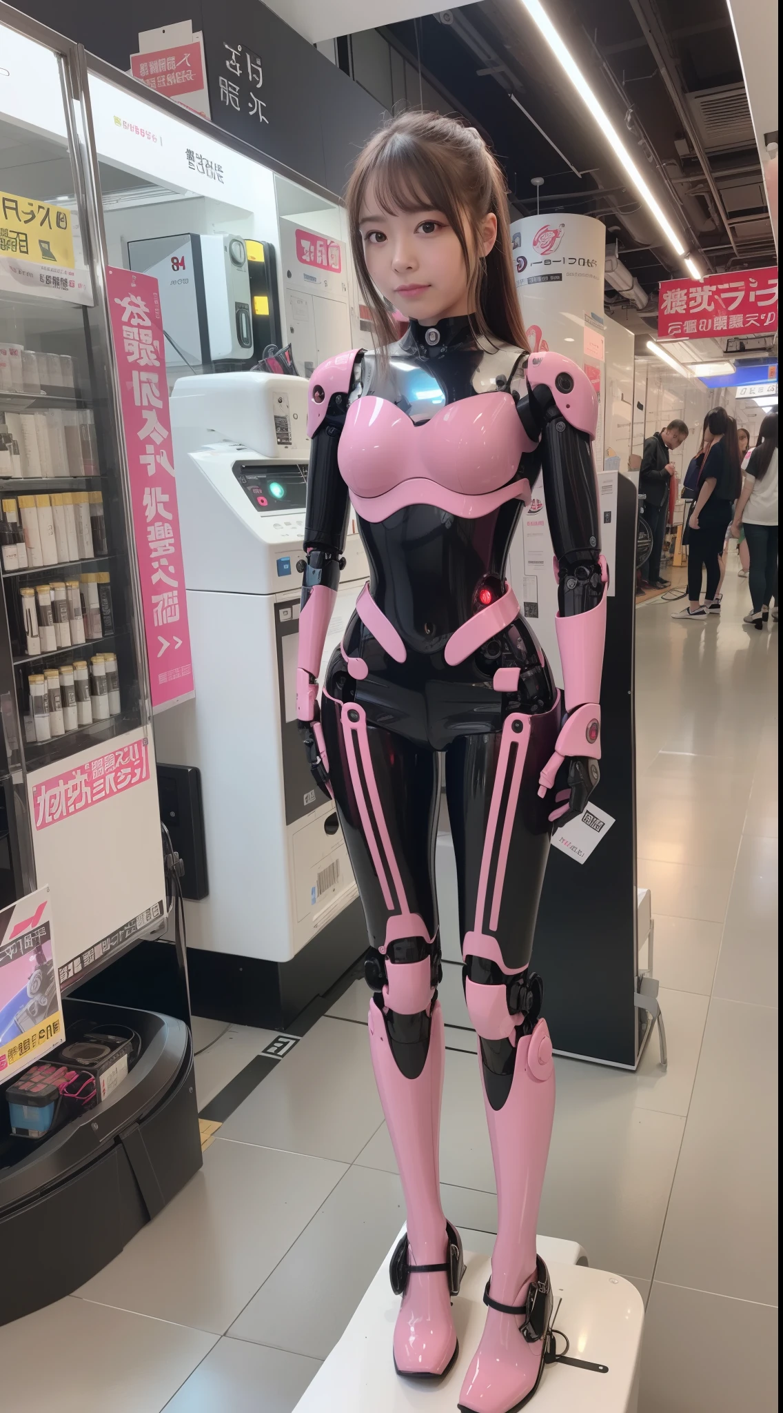 masterpiece, best quality, extremely detailed, (8K, 4K, Best Quality, Hight resolution, 超A high resolution:1.1), 8K portrait,1girl in, Japanese android girl, android teacher, control panels, android, Droid, Mechanical Hand, ,Robot arms and legs, Black hair, Mechanical body, Blunt bangs, Pink Robotics Parts, perfect robot woman, Charging spot, Long Tube, A thick cable was connected to her neck, ceramic body , android, robot humanoid, panty, full eyes, perfect mechanical body, pink robotics body, future assembly plant, Pink body, She has repaired, lack sponge joints, android assembly plant, android, laboratory, platform boots, perfect machine body, pink robot body