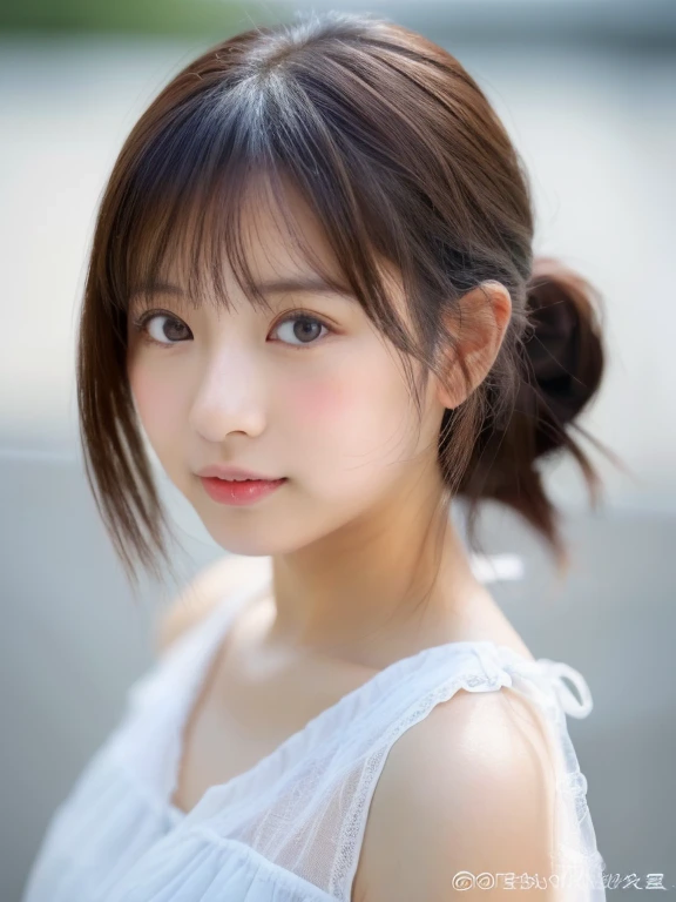 ((cute little日本の女の子、Beautiful japanese girl、1 girl in、Unclear、age19、poneyTail、Highly detailed facial and skin texture、refinement、hyperdetailed face、ultradetailed eyes、blusher、blush、teak、ピンクのteakを塗った頬、close-up of woman、bustup、frontageを向いている顔、frontageを向いている体、Looking at the camera、frontage、cute little、smooth white skin、Transparent skin texture、))、(dark brown  hair、bangss)、Beautiful Women in Perfect Style：1.4、Japanese Models、Young gravure idols、若いcute littleグラビアアイドル、Realistic Young Gravure Idol、refinementされたグラビアアイドル、((top-quality、in 8K、​masterpiece:1.3、１Photo))、(4K、RAW Photography、top-quality)、(reallistic、フォトreallistic:1.37)、Place a person on the other side of the screen、natural soft light、upper body and head、