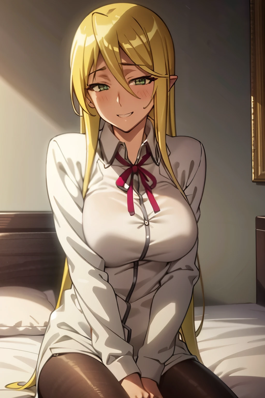 sweat, full-face blush,corruption, looking at viewer, (happy, smirk,smug, teeth,smile ), sitting, on bed, hotel room, nightgown,see-through, heavy breathing, wariza, riveria, very long hair,Young woman sitting and waiting for her boyfriend to stare at the camera, elf, long hair, kind smile, green hair, emerald green eyes, white shawl, shirt Green formal coat, black tights, (masterpiece),(best quality),extreamly delicate and beautiful,(realistic:0.5), high quality, 1girl, solo,solo_focus