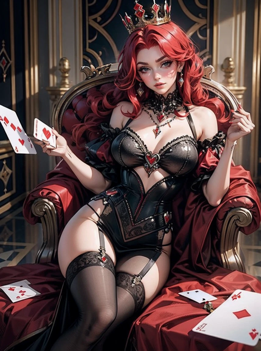 Em um luxuoso cassino, A stunning woman wears an exquisite dress adorned with heart symbols, embodying the royal presence of the Queen of Hearts. Surrounded by a backdrop of poker cards and chips, She exudes confidence and seduction, convidando os jogadores a testar sua sorte e habilidades no jogo de azar. com cabelos curtos, enrolados, cabelos vermelhos (queen of hearts)