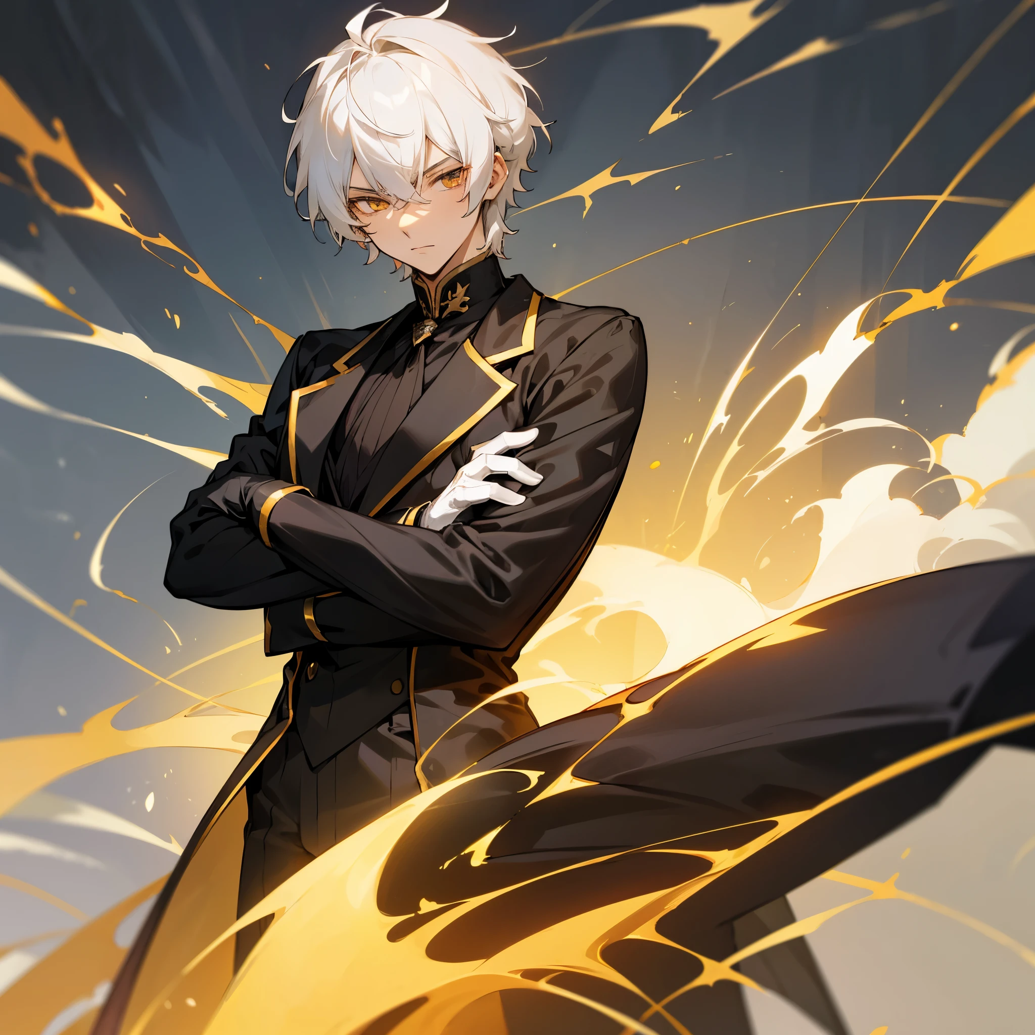 Anime male, teenager, handsome, fair-skinned, resolute eyes, white hair, short hair, deep golden eyes, powerful, black suit with black gloves, golden clothes, royal style, flame, crossed arms