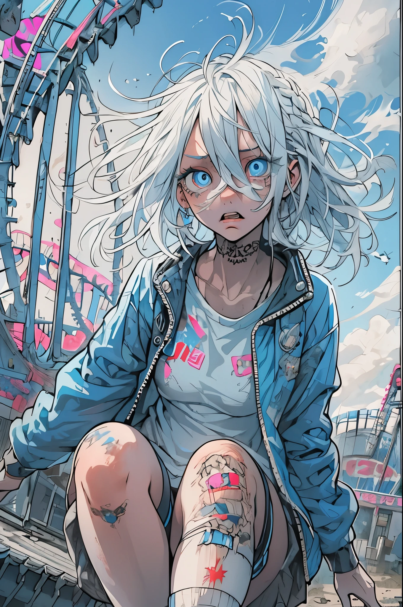 step piece, Best quality, Best Best Illustration, ultra - detailed,girl, White hair, Cool blue open short jacket, Tattoos are, messy faded hairstyle, Side braids,Crazy, Full body jumping scene, Abandoned amusement park background,knee length socks,weird sneakers,Eyeshadow applied to eyes,unusual colored eyes, Fearful eyes, Vivid eyes,Run in the sky