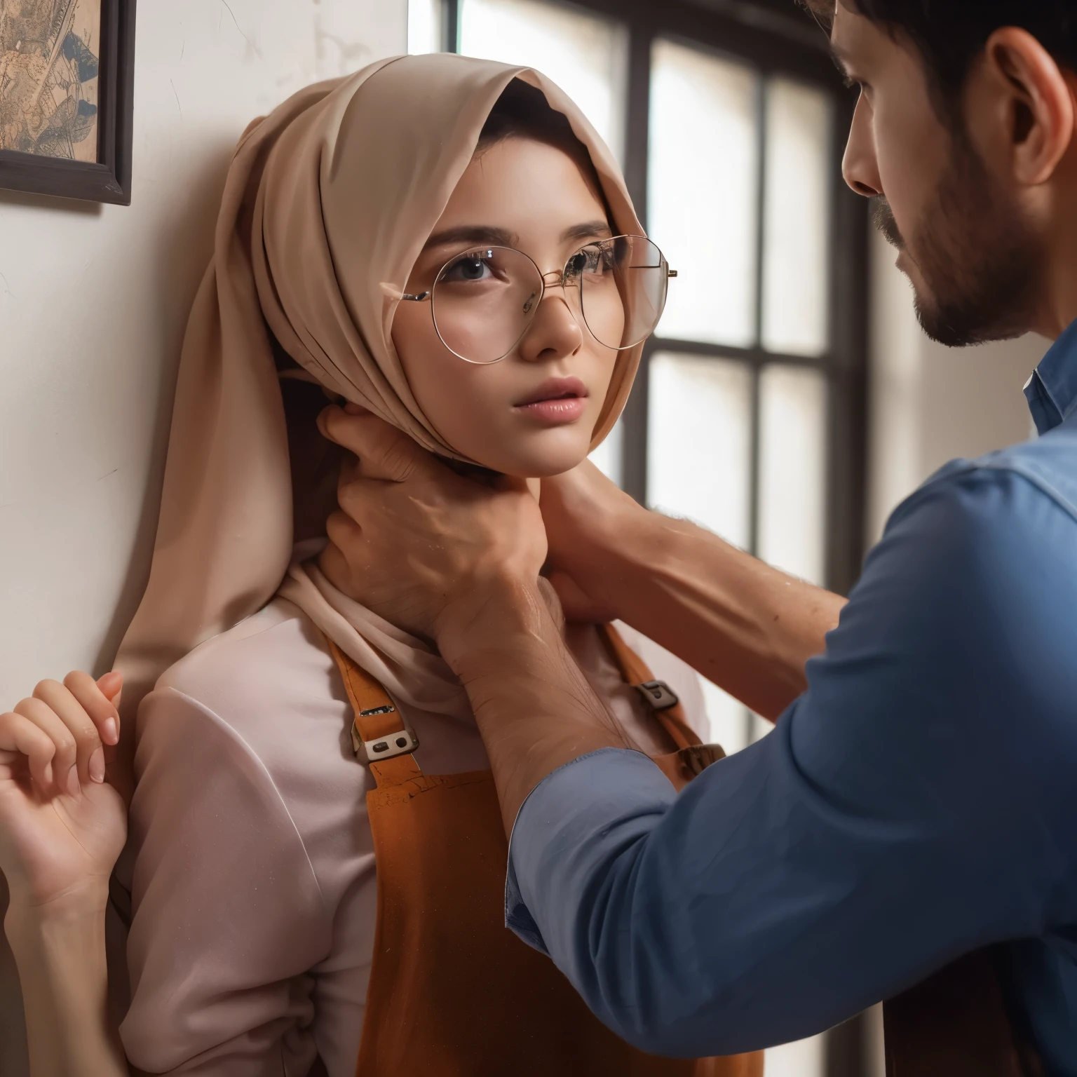 Crowded train, sexy cute girl with glasses, girl wearing hijab, malay face, handsome man holding her from behind and talking in her ear, lifting her, white mini skirt swinging upwards, 40k, photography, masterpiece, best quality, dark gray background, (1girl blue eyes and skinny soon curled with open legs), small breasts full open leg, very skinny, flat chest, small tits, small hip, (round swinging sexy mini skirt: 1.3), (white open shirt: 1.3), older man leaning against her from behind picking her up, varied poses, man behind her,