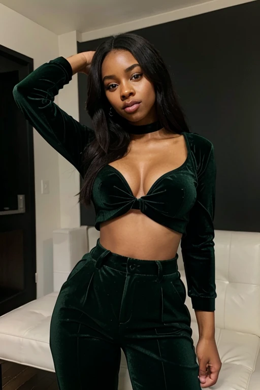 Black teenager Green velvet pants Sexy