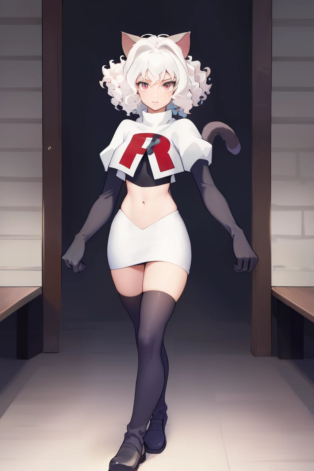 ((masterpiece)), (best quality:1.7), (detailed:1.4), (high res:1.4), 8k, (colorful:1.5), 2d, high resolution, sharped image, 4k, hd, neferpitou_hunterxhunter, 1other, solo, red eyes, white hair, white tail, animal ears, curly hair, hair between eyes, medium breasts, androgynous, short hair, cat ears,(((cat tail))))), (narrow eyes), ((slim)), long legs, :3, (( character)), team rocket,team rocket uniform,white skirt,red letter R,crop top,black thigh-highs,black elbow gloves