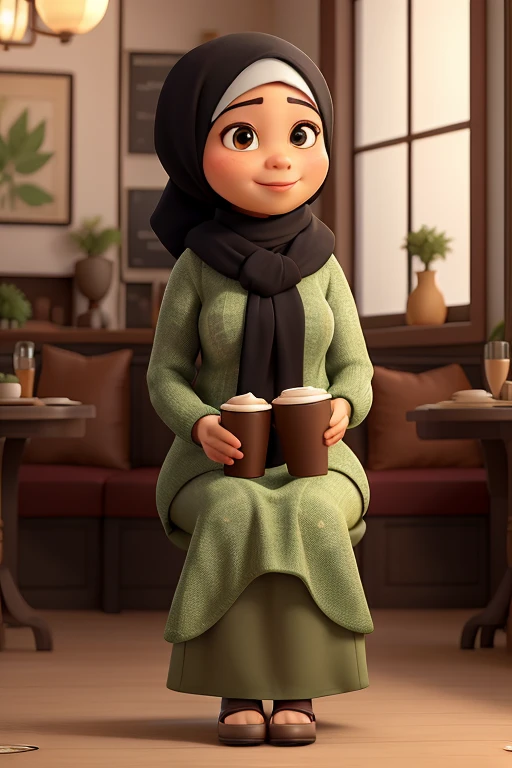 Malay female, Malay looks, stunningly beautiful, 41 years old, chubby, wearing full covered hijab, green loose sweater, black long skirt, sitting and relaxing, enjoying coffee in a classy cafe