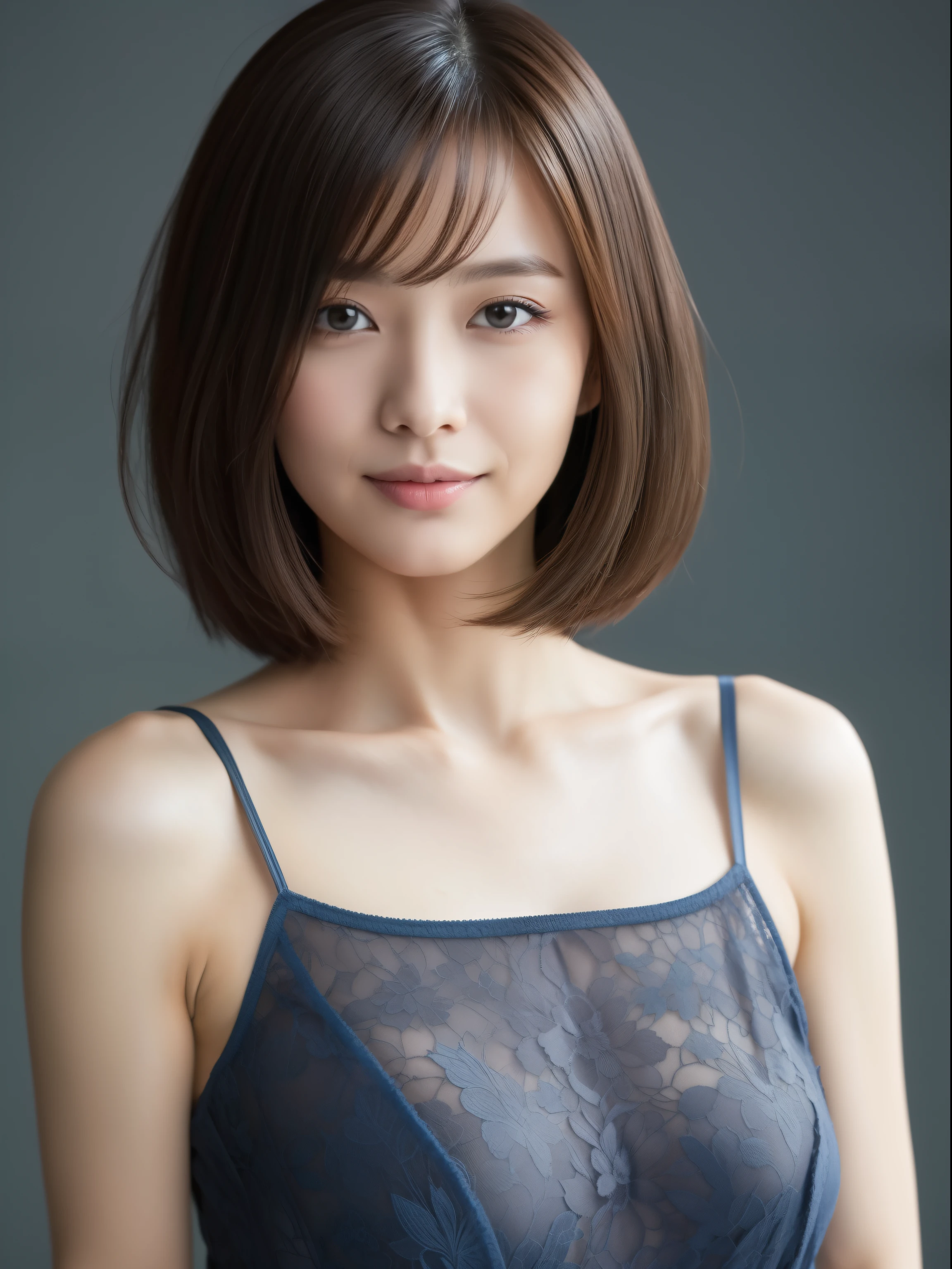 Beautiful 30 year old woman。She wears a tight camisole in light blue-gray satin fabric。Black lace at chest and hem..。kindly smile。Her dark brown hair is、Her hair is straight short bob hair。hight resolution、masterpiece、top-quality、headw:1.4、((Hasselblad photo))、Fine skin、fine knit、(电影灯光)、鎖骨
