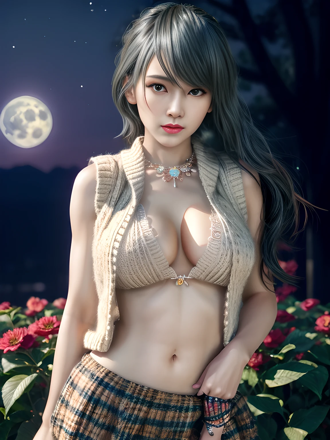 first person perspective,1 girl,Tamaki,(in blouse wearing, knitted sundreslower shop)),jewely,Tattooed with,during night, full_themoon, As estrelas,Redlip,Charming cleavage,(tmasterpiece:1.5),( Best quality at best:1.4),(Realistis:1.4), detailed,8K,number art,detailed头发,Expressive eyes, s the perfect face, real fingers,depth of fields,Similar colors,a warm color palette,softlighting,low-contrast,hard shadows, 流行超Realistis,