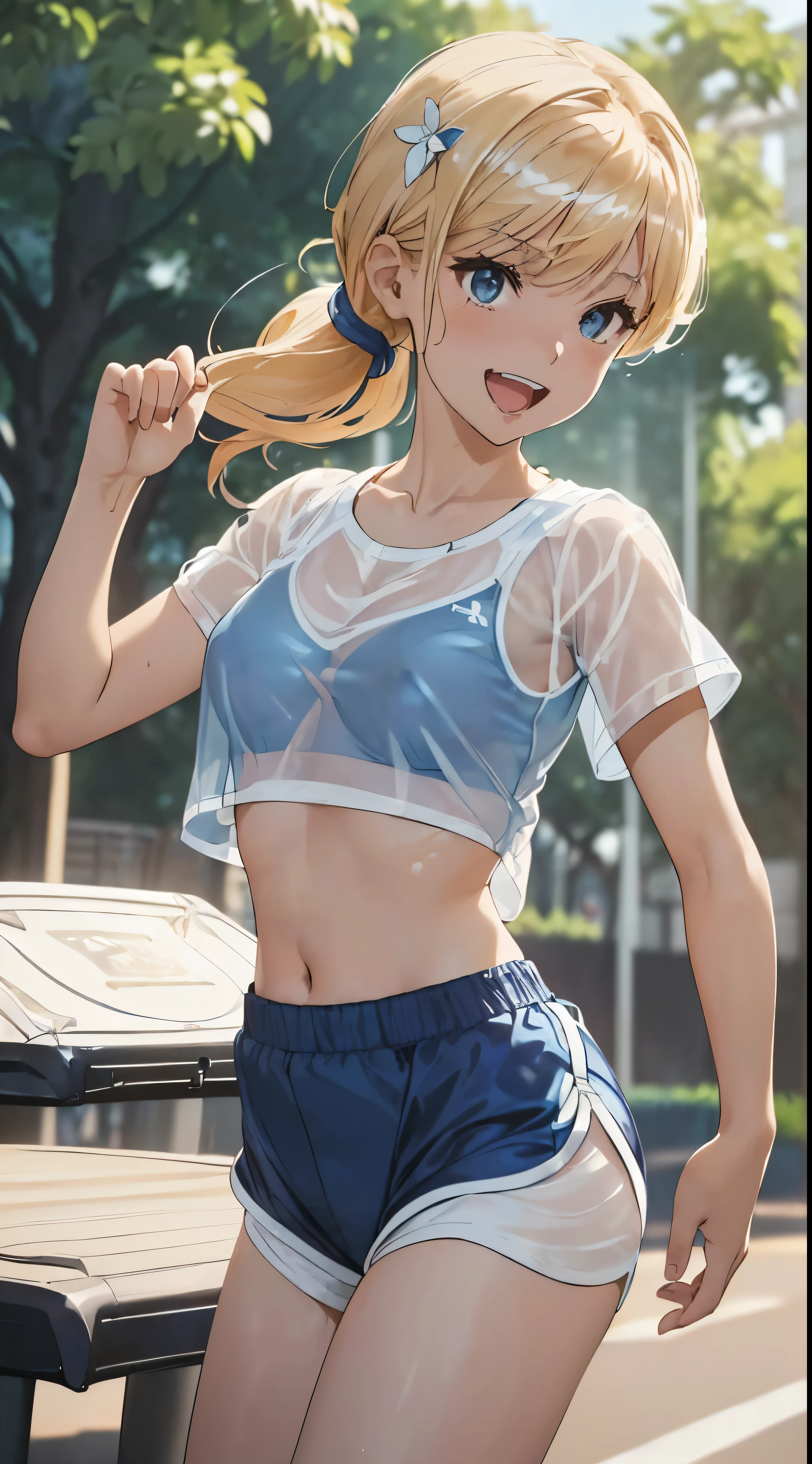 1womanl,Golden hair, beautiful breasts,(((Sexy white and blue shiny short sleeve gym clothes and shorts、Smile with open mouth)),((())),((( portlate))),Crowds,Shiny white short-sleeved gym uniform and blue pants,(()),((athletic field)),(((see -through))),outside of house,,Beautiful ponytail,(((Bra visible through T-shirt)))((Sportsbra))