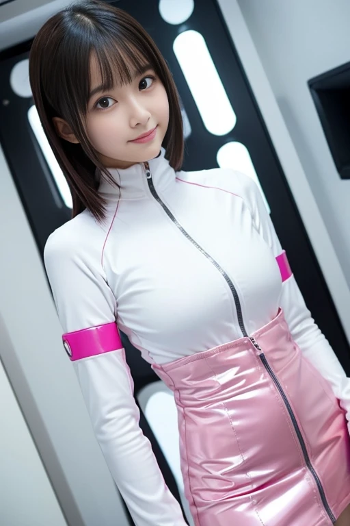 (Place your index finger on your chin, bend the index finger, Shiny rubber suit, gazing at viewer, Leaning forward, 1 girl, Looking at Viewer, from the front side, facing straight at viewer, white clothes, pink line in the clothes, pink line at waist, White Gloves, futuristic spacesuit, Inside the spaceship restraint bed room), Smile, Upper body, body suit, Mini Pencil Skirt, High neck clothing, Hide the neck, drooping eyes, Head tilt, masutepiece, Best Quality, an extremely cute girl, 15 years old, Black hair