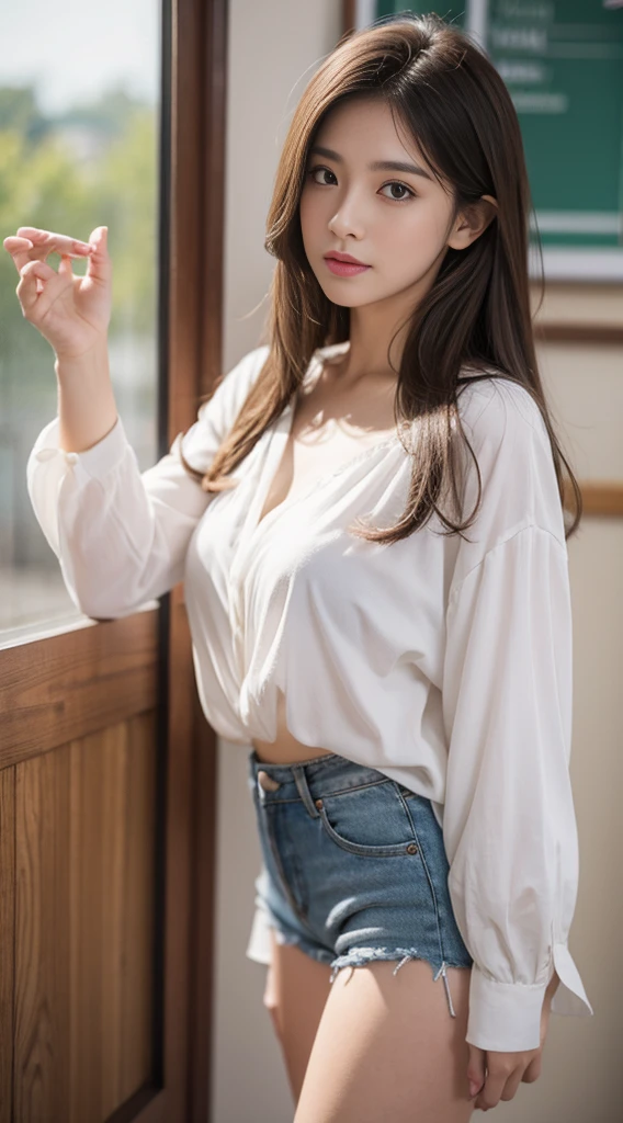 a girl in blouse and shorts, showing her breasts,((detailed braiser)), school background, medium breasts, flirtatious, medium long hair, ((very detailed)), perfectly detailed face, detailed hand, photorealistic image.