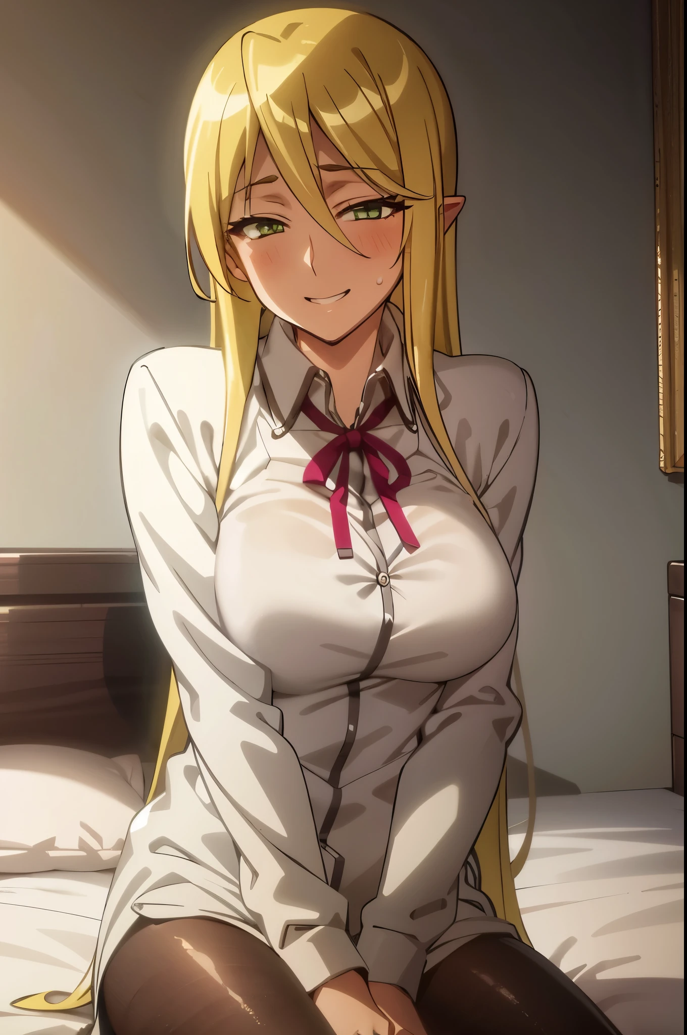 sweat, full-face blush,corruption, looking at viewer, (happy, smirk,smug, teeth,smile ), sitting, on bed, hotel room, nightgown,see-through, heavy breathing, wariza, riveria, very long hair,Young woman sitting and waiting for her boyfriend to stare at the camera, elf, long hair, kind smile, green hair, emerald green eyes, white shawl, shirt Green formal coat, black tights, (masterpiece),(best quality),extreamly delicate and beautiful,(realistic:0.5), high quality, 1girl, solo,solo_focus