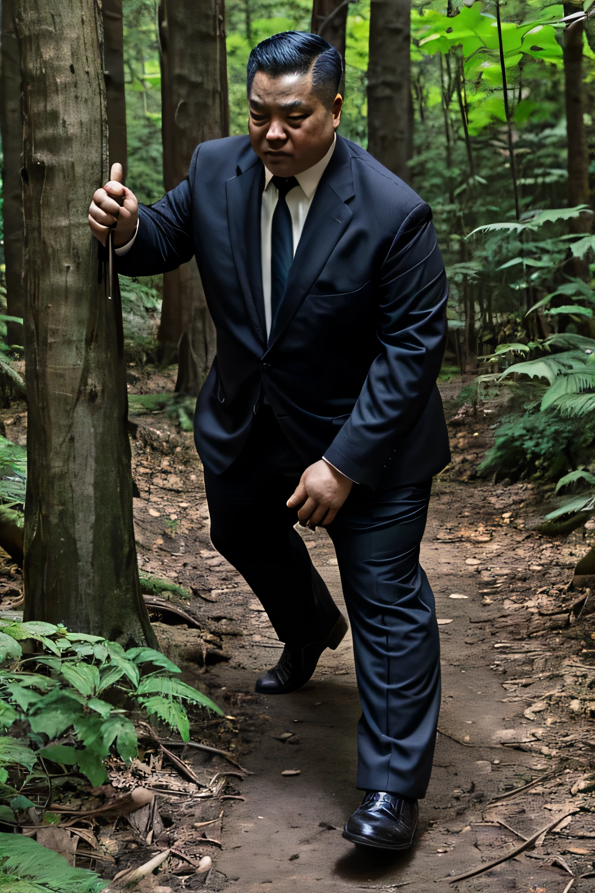 wear suit,Wear a black tie, Fat Chinese mature middle-aged man with security guard,fighting in the forest
