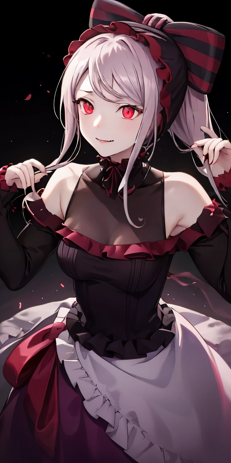 masterpiece, best quality, ShalltearV4, 1girl, solo, dress, frills, bow, hair bow, fang, slight smile, pale skin, glowing, glowing eyes, portrait