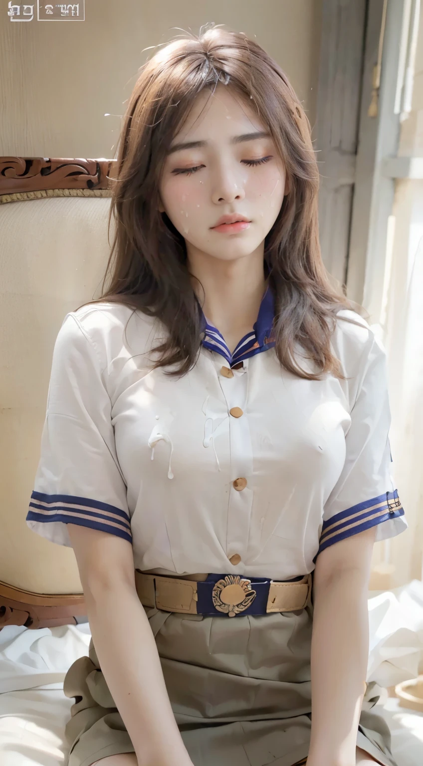 ((perfect anatomy, anatomically correct, super detailed skin))), 1 woman, ((Thai university student uniform:1.6)), from front, shiny skin, detailed hair, detailed face, detailed eyes, (long hair:1.5, brunette hair:1.7), natural bangs, hair between eye, light brown hair, brown eyes, babyface, mole under eye, lip gloss, beautiful body, normal breasts, beautiful thighs, beautiful legs, camel toe, ((detailed cloth texture, button down white shirt, black tight short skirt, light brown belt, high heel shoes)), white panties, beautiful scenery, summer, (lying on back:1.4), ((close eyes:1.6)), (sleeping), in the bed, (8k, top quality, masterpiece​:1.2, extremely detailed), (realistic, photorealistic:1.4), beautiful illustration, natural lighting, whole body, (semen on forehead:1.2), (semen on head:1.4)