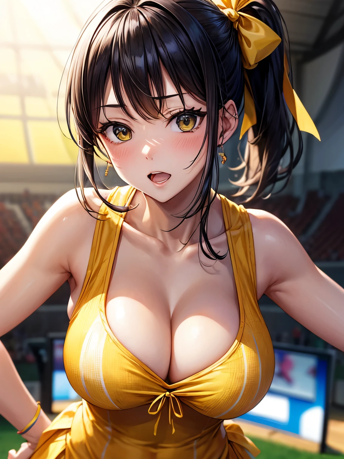 (masutepiece: 1.3), (max resolution: 1.2), (Ultra HDTV: 1.2), cinematric light,nffsw, 8K resolution,, Perfect Style, Beautiful face, 准确, Anatomically correct, Highly detailed face and skin texture, , very large breast、Black hair ponytail、yellow cheerleader clothes、stadio、Large crowd、Ribbon on the head、blush erotic face、Opening Mouth、cleavage of the breast