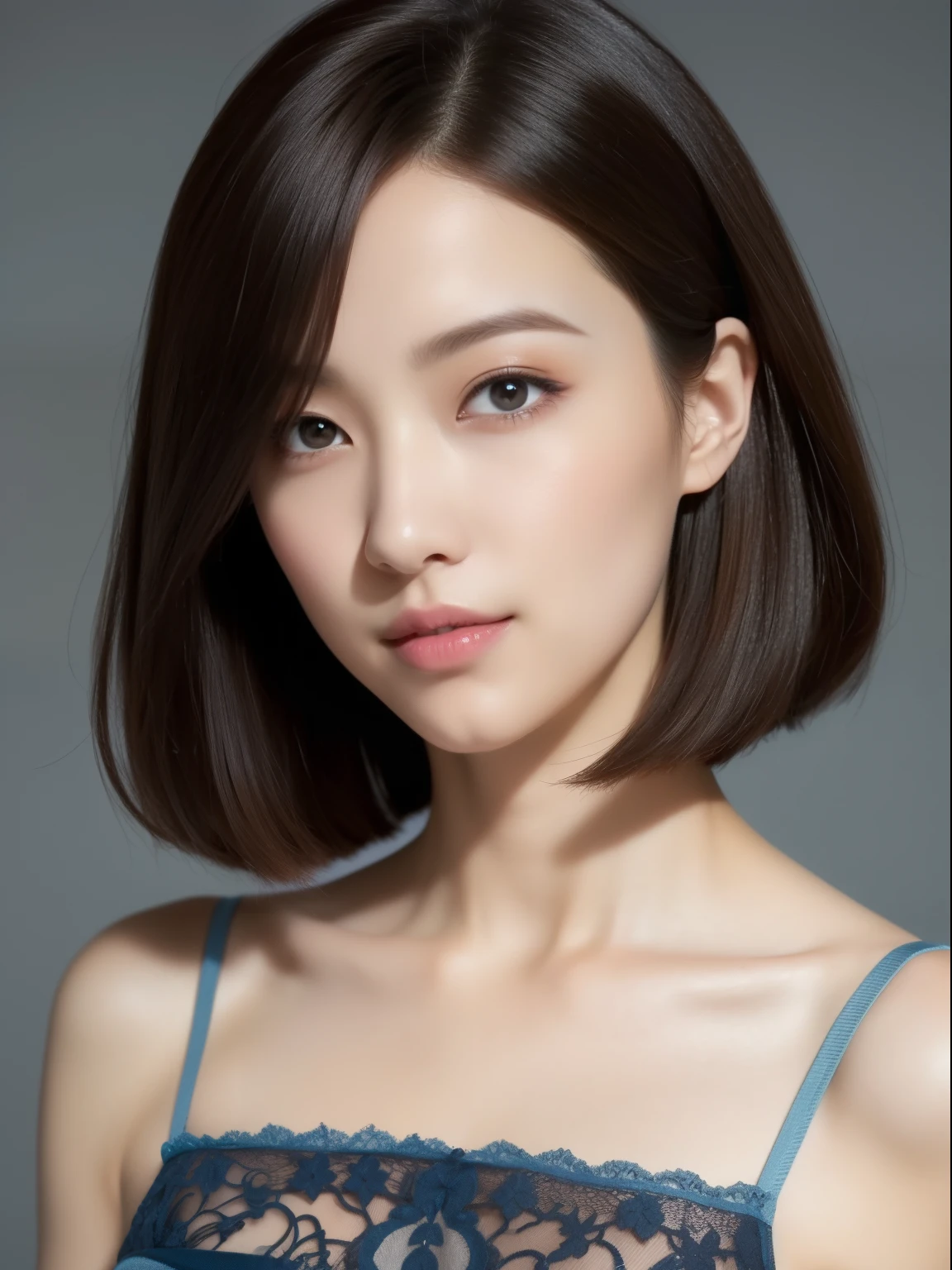 Beautiful 30 year old woman。She wears a tight camisole in light blue-gray satin fabric。Black lace at chest and hem.。kindly smile。Her dark brown hair is、Her hair is straight short bob hair。hight resolution、masterpiece、top-quality、headw:1.4、((Hasselblad photo))、Fine skin、fine textured knit、(电影灯光)、鎖骨