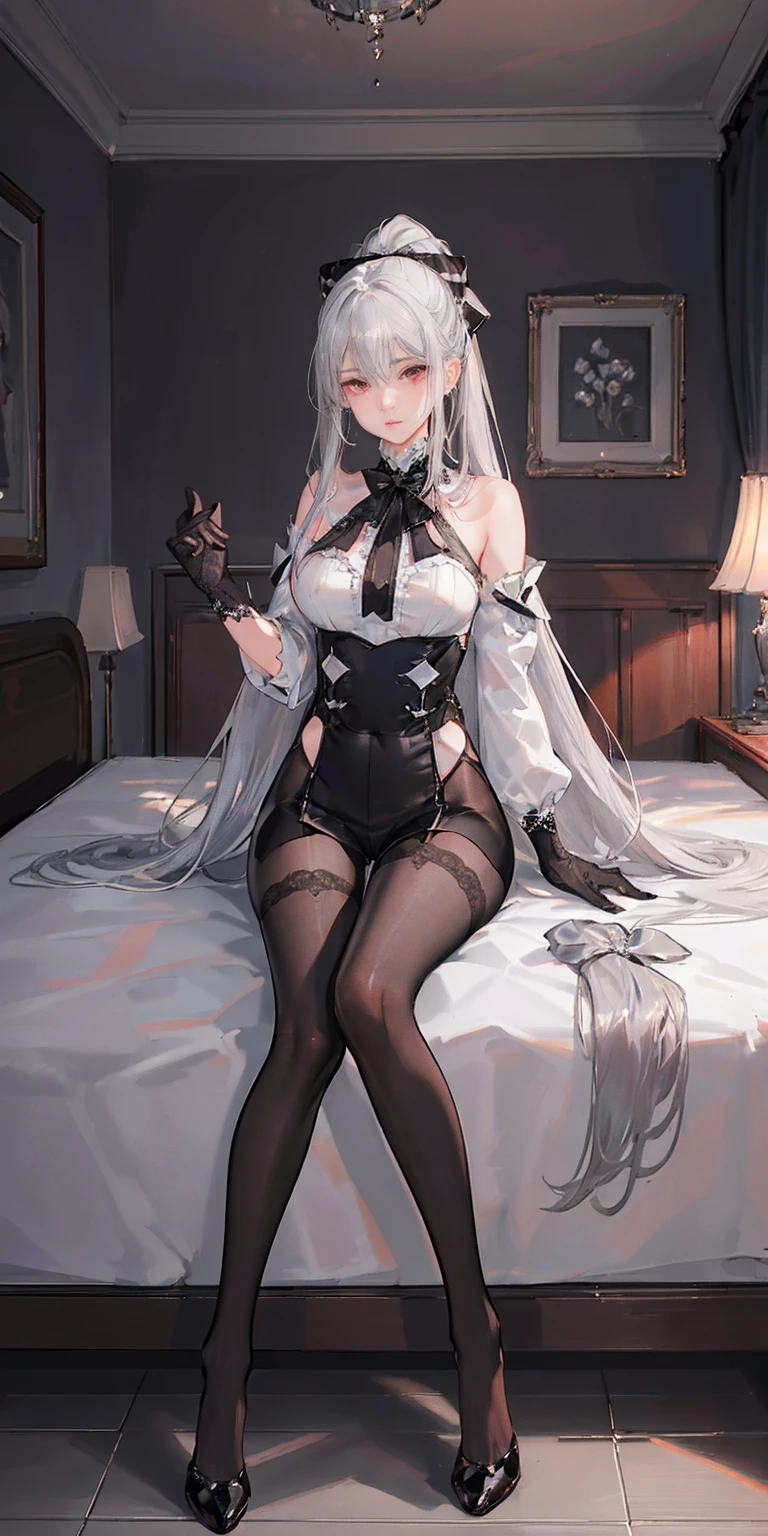 (1 girl), ray tracing, (dim lighting), (detailed background (bedroom)), ((silver hair)), ((silver hair)), (Fluffy silver hair, plump slender girl) with high ponytail, silver red eyes, in the ominous bedroom, (highly detailed eyes:1.3), (Girl wears intricately embroidered black high-waisted pants with pantyhose: 1.2), white ruffled bow gloves, (showing a delicate slim figure and graceful curves:1.2), correct limbs, sitting with both knees up, (8k, RAW photo, best quality, masterpiece:1.2), (beautiful long legs:1.3)